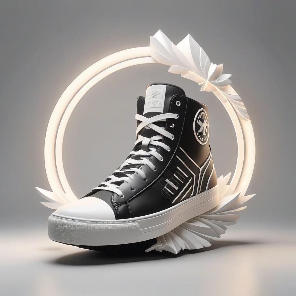  art deco style make an emblem with sneakers. black white . geometric shapes, bold colors, luxurious, elegant, decorative, symmetrical, ornate, detailed, logo hyperrealistic, full body, detailed clothing, highly detailed, cinematic lighting, stunningly beautiful, intricate, sharp focus, f/1. 8, 85mm, (centered image composition), (professionally color graded), ((bright soft diffused light)), volumetric fog, trending on instagram, trending on tumblr, HDR 4K, 8K