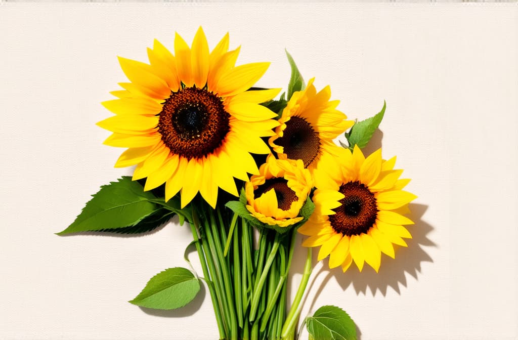  flat illustration, flaticon, (illustration:1.15), close up of a bouquet of sunflowers on a plain background, clear details, sharp details, correct proportions, space for text on the right ar 3:2, [cory loftis, strobist, pascal campion :: 0.2]