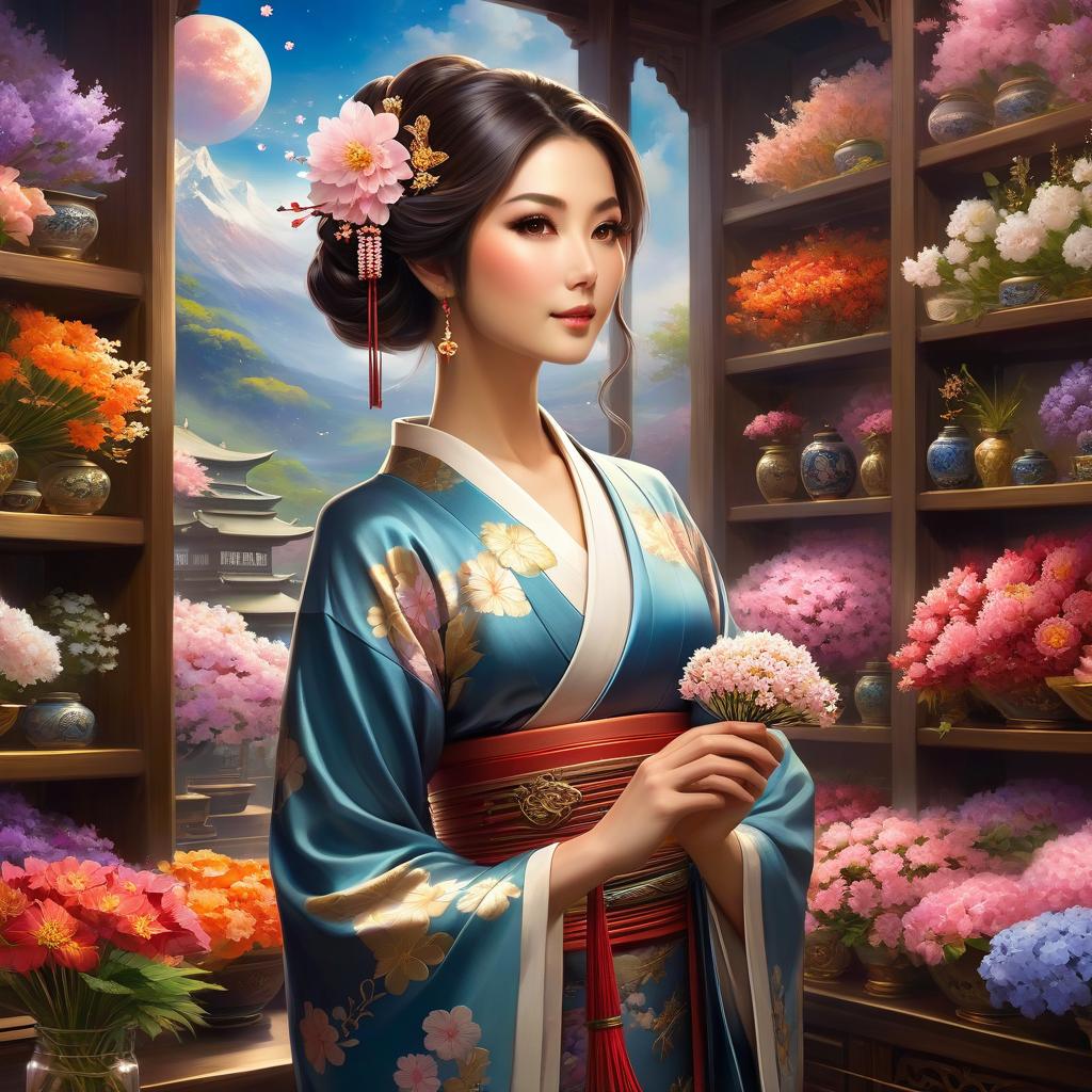  ethereal fantasy concept art of (inout a japanese flower shop:1.2), a beautiful japanese woman in full height, in a traditional kimono. makes ikebana bouquets from sakura flowers, against the backdrop of shelves with many bouquets of ekibana, oil painting, watercolor, intricate details, dark fantasy, space station, extremely best quality, masterpiece, by wadim kashin, 8k . magnificent, celestial, ethereal, painterly, epic, majestic, magical, fantasy art, cover art, dreamy