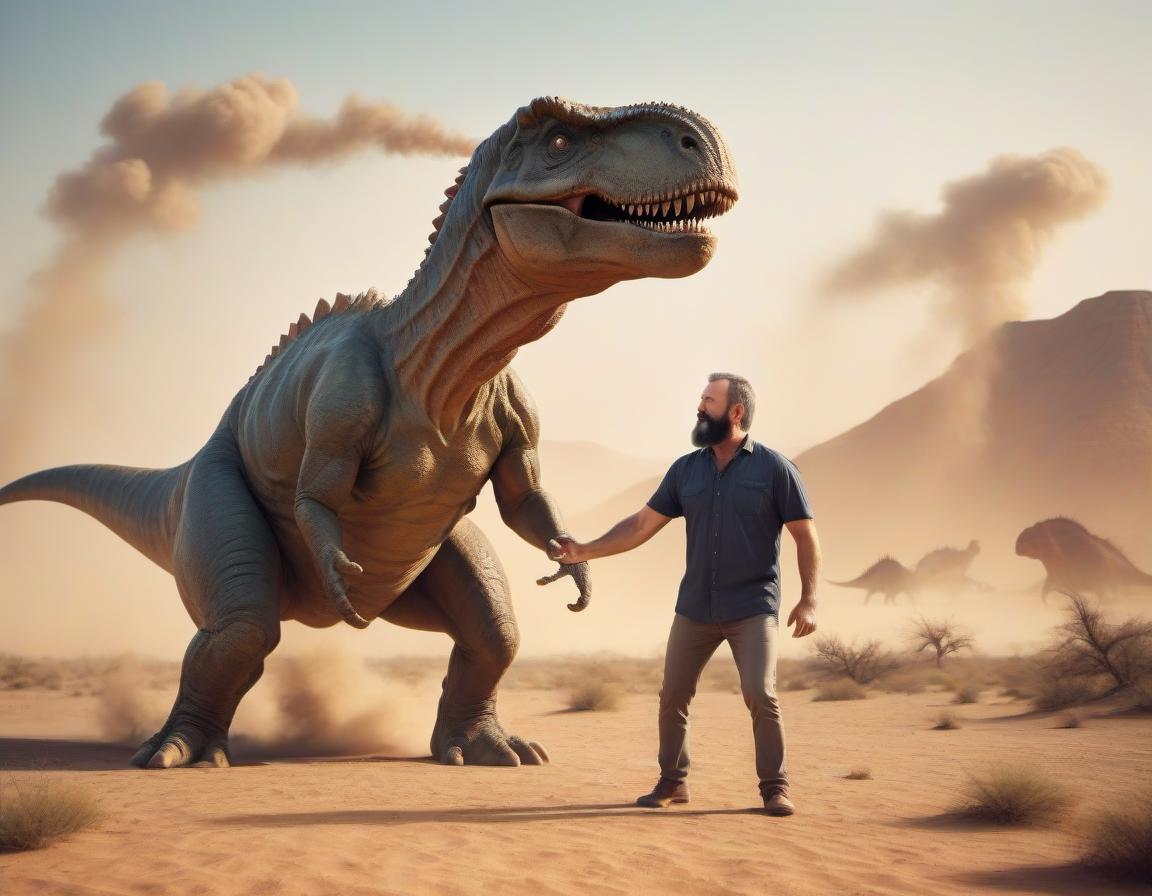  cinematic photo a middle aged man with a beard and a cigarette punches a giant dinosaur in the desert . 35mm photograph, film, bokeh, professional, 4k, highly detailed, t shirt design