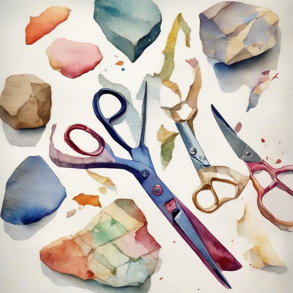  watercolor painting stone, scissors, paper . vibrant, beautiful, painterly, detailed, textural, artistic