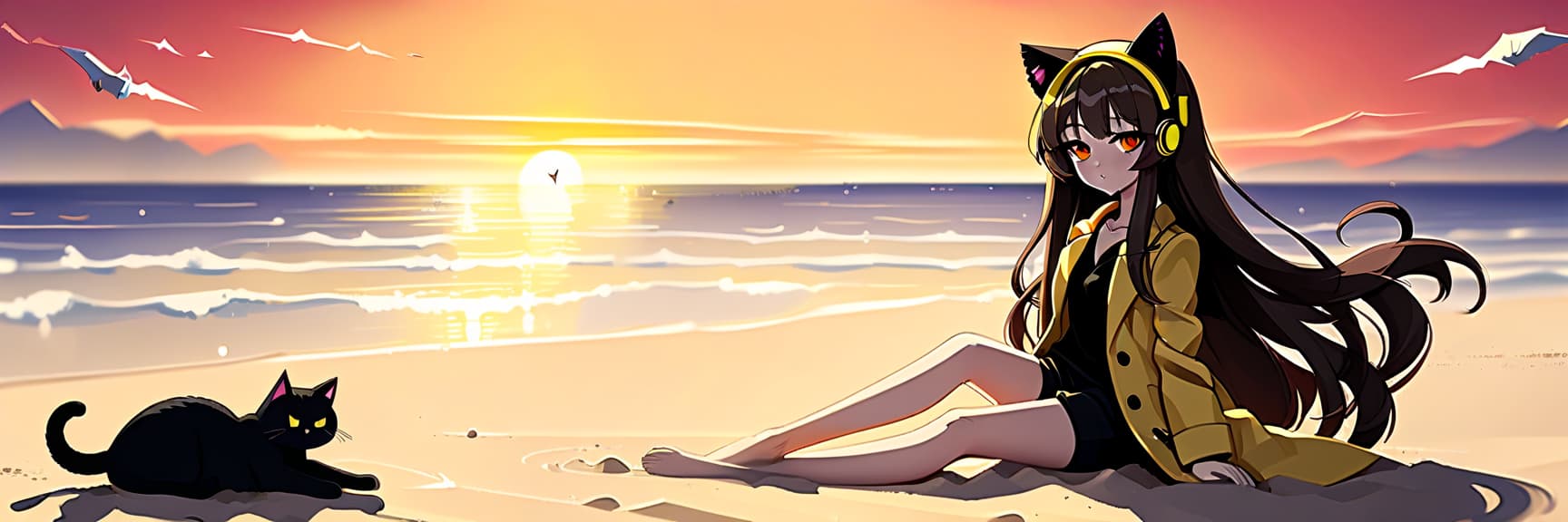  architectural style an anime style girl with cat ears sits on the sand next to a black cat on the beach. she has long dark brown hair, which flies slightly in the breeze. her face, with pronounced jewish and slavic features, radiates lively energy. brown eyes are full of deep emotions, as if reflecting the vast expanses of the ocean. she wears a bright yellow coat, which seems to shine, catching the eye and contrasting with the soft shades of the sunset. under her coat she wears a black shirt and black shorts are decorated with yellow elements, creating a stylish and dynamic look. a bright red sunset turns into night, and the bright red rays of the sun fall on the terrain and contrast with the night darkness. . clean lines, geometric shapes