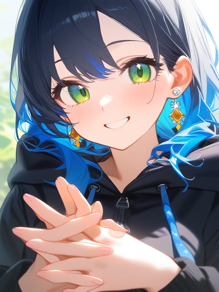  from front,1girl,best quality,(gradation hair:1.3),white hair,blue hair,masterpiece,(black parka:1.3),(((own hands together))),bob,(earrings:1.3),joyful,(endearing smile),looking at the camera,close up,green eyes