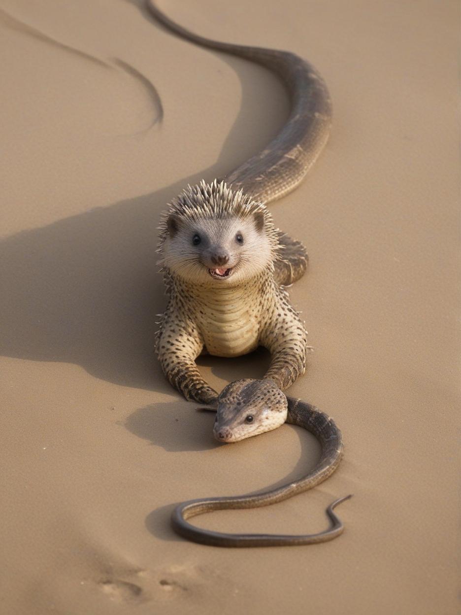  a hybrid creature between a snake and a hedgehog, slithering through a barren desert. its elongated, serpentine body moves fluidly across the sand, but instead of scales, it's covered in sharp hedgehog quills that glisten under the harsh desert sun. the creature has no legs, and its head retains the sleek, predatory shape of a snake with piercing eyes, a forked tongue flicking out, and its powerful coils flexing as it navigates the dunes. the spiky fur contrasts sharply with the snake's sleek head, creating a striking, fearsome appearance. the scene should be realistic and dynamic, capturing the dangerous beauty of this unique hybrid in its natural habitat."