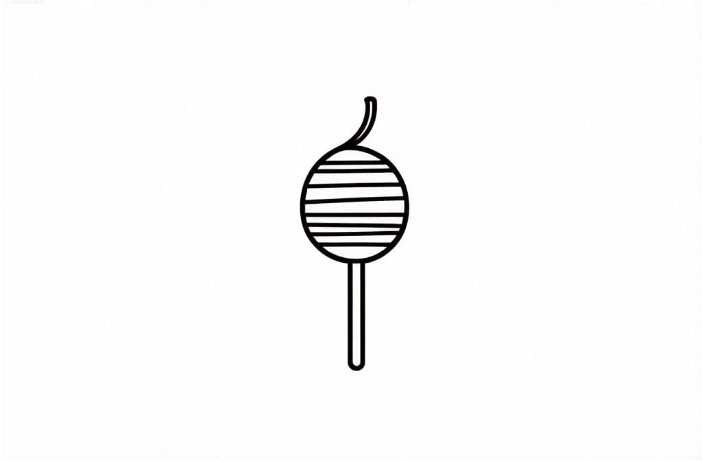  contour, very simple image in one unbroken black ink line, single line of lolly pop, engraving illustration, icon isolated on white background ar 3:2 using a single continuous black line ink brushon white background, drawing should be created without lifting the pen, recognizable features of lolly pop, engraving illustration, icon isolated on white background ar 3:2 in one unbroken line