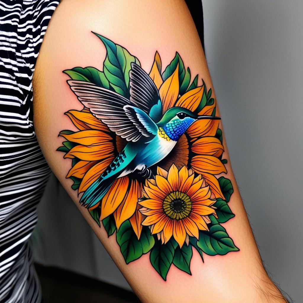  hummingbird, sunflower, (tattoo), (sleeve tattoo design on the arm)