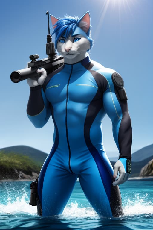  Cat anthro, Male, Big muscles, Royal Blue fur, Royal Blue hair, neon Blue eyes, Skintight neoprene suit, water, tactical gear, diving gear, rifle, open eyes, digital art, masterpiece, 4k, fine details,