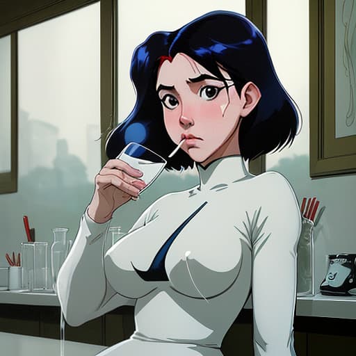  a woman is drinking a glass of milk, inspired by ren hang, tumblr, anime, young beautiful amouranth, milky white skin, anime pictures, long snout, manga big eyes expressive faces colorful hair hayao miyazaki masashi kishimoto makoto shinkai clamp yoshiyuki sadamoto