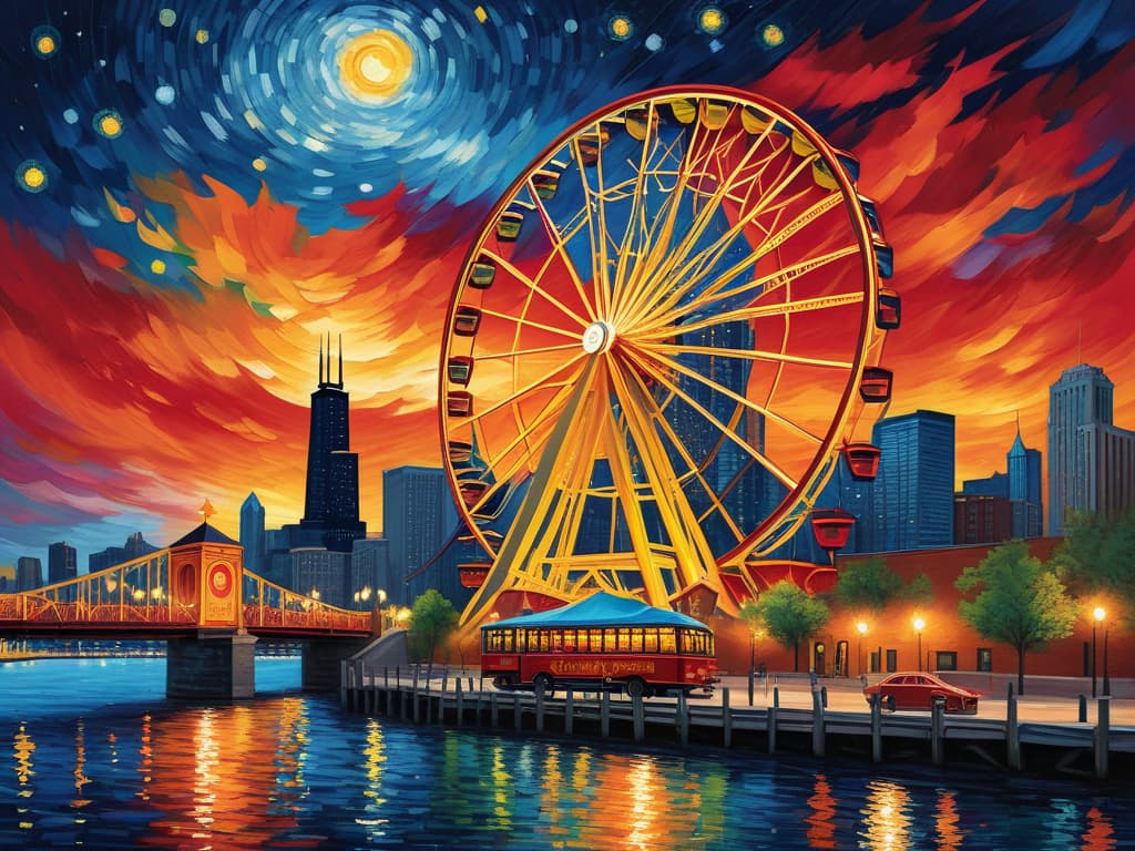  concept art chicago’s centennial ferris wheel, chicago’s navy pier, chicago skyline with prominent towers like willis, hancock, crains communication (slice building) with colorful van gogh swirls in the sky, van gogh's starry starry night with colorful red and orange swirls in the beautiful night sky, hyper realistic, chicago skyline, mesmerizing, intricate details, flambient golden and red sunrise, dramatic lighting, epic composition, wide angle, cinematic, masterpiece, high resolution, sharp details, best quality, 4k, raw photo, van gogh influence, studio lighting, impressionist, bold colors, starry sky, architectural elements, medium format lens, high angle, cityscape, city life, metropolitan, van gogh's brushstrokes, van gogh's shad