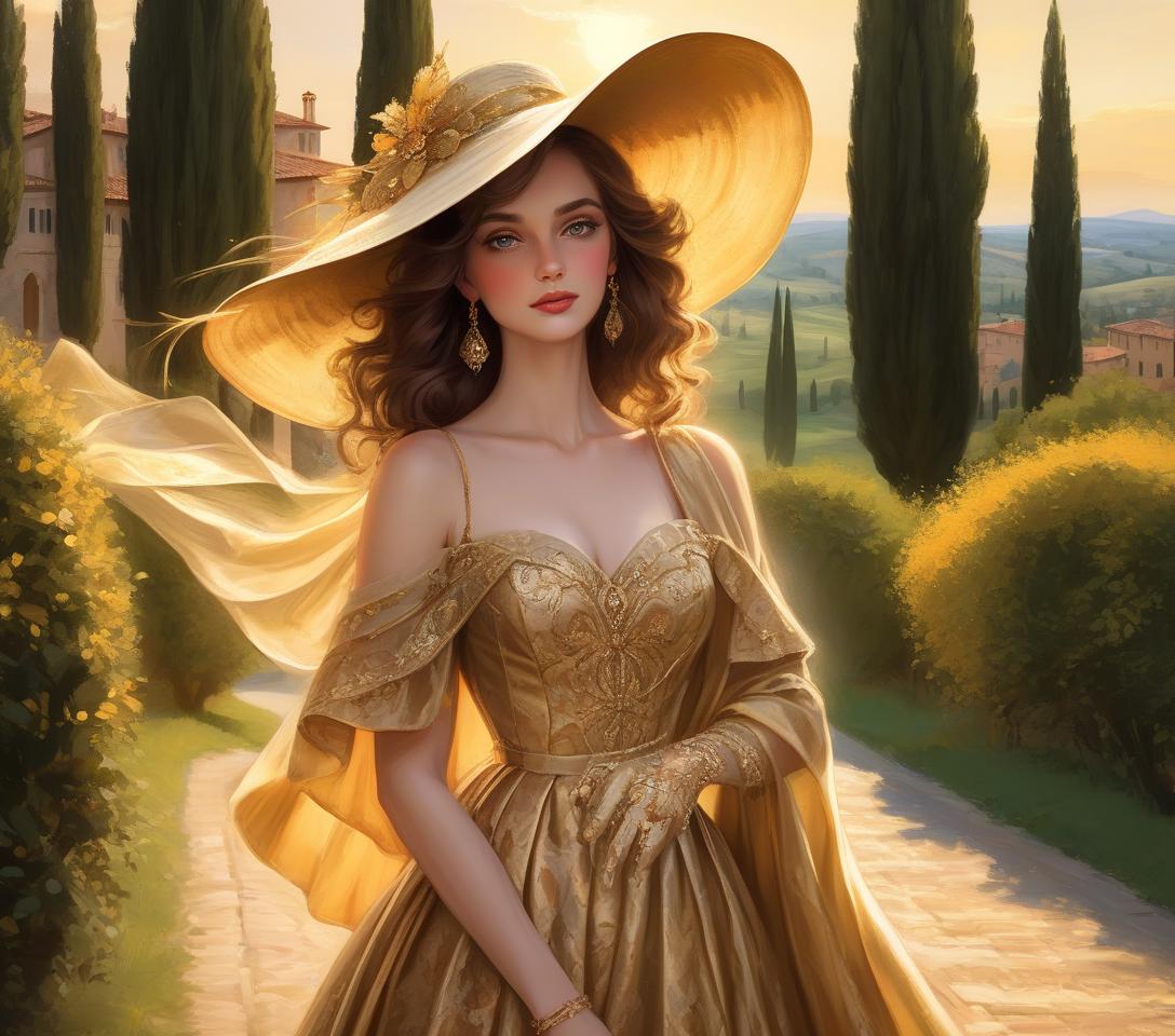  an elegant woman in a wide brimmed hat and ornate dress stands before a golden tuscan landscape at sunset majestic italian noblewoman, detailed eyes, proud countenance, flowing dark hat, captivating gaze, ornate clothing, elaborate accessories, billowing scarves, theatrical presence, twilight in tuscany, undulating landscapes, iconic cypress groves, rich golden sunrays, luxurious textures, fine details, vibrant colors, italian elegance, skilled brushwork, enchanting atmosphere, high resolution digital painting.