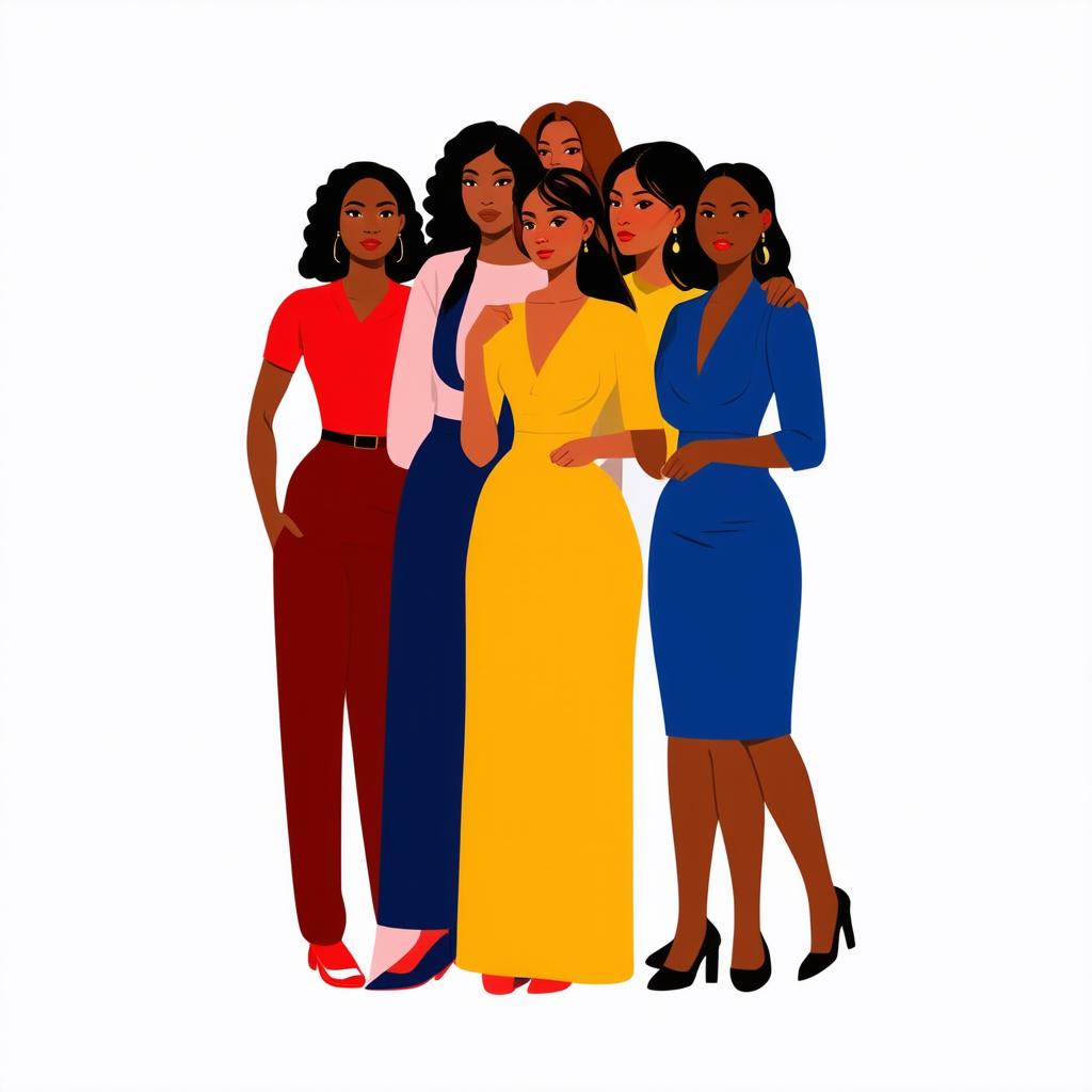  flat illustration, flaticon, (illustration:1.15), group of women. sisterhood concept. illustrations of 6 women with different skin colors who stand next to each other. flat vector on white background, [cory loftis, strobist, pascal campion :: 0.2]