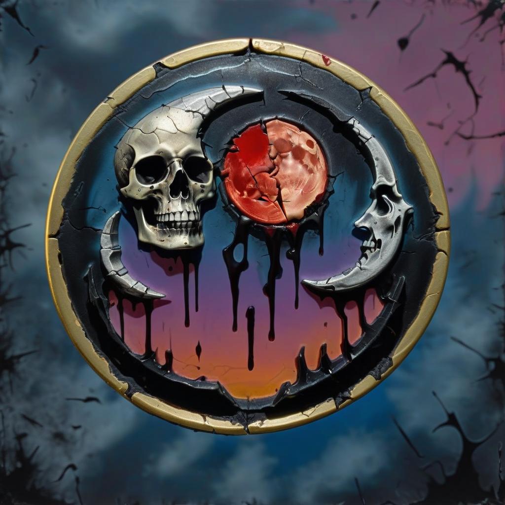  macabre style on a blue background, the luminous disc is unevenly broken into 4 fragments, 1 in the center and 3 are equidistant from it, the central fragment in the form of a small circle in color from black gray outside to sunny inside, the upper fragment is bright gold, the right purple color on the edge and the moon color inside and mirrored with 1 chip, the left fragment is red sunset with bloody wounds on it, the cracks are filled with red light, . dark, gothic, grim, haunting, highly detailed