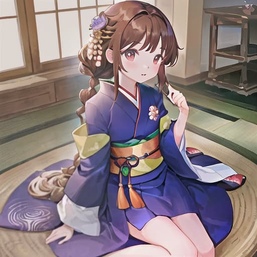  master piece , best quality,fragile girl, kimono, brown hair, red eyes, braids, dragon god