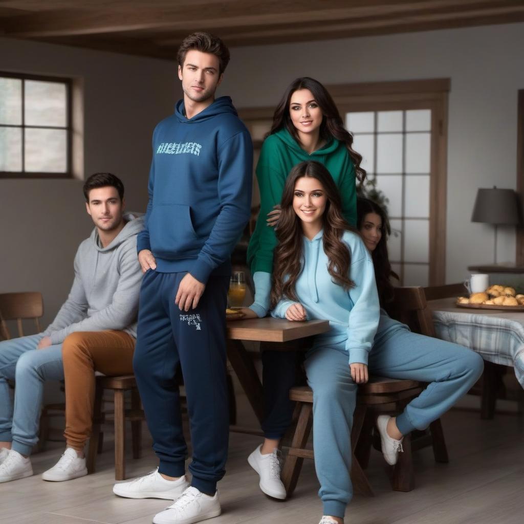  A forester's house, sitting at a table inside, a girl of about 19, green eyes, in a sweatshirt and pajama pants, a guy of 26, in pants and a sweatshirt, dark hair, light blue eyes, another guy of 26, dark hair,