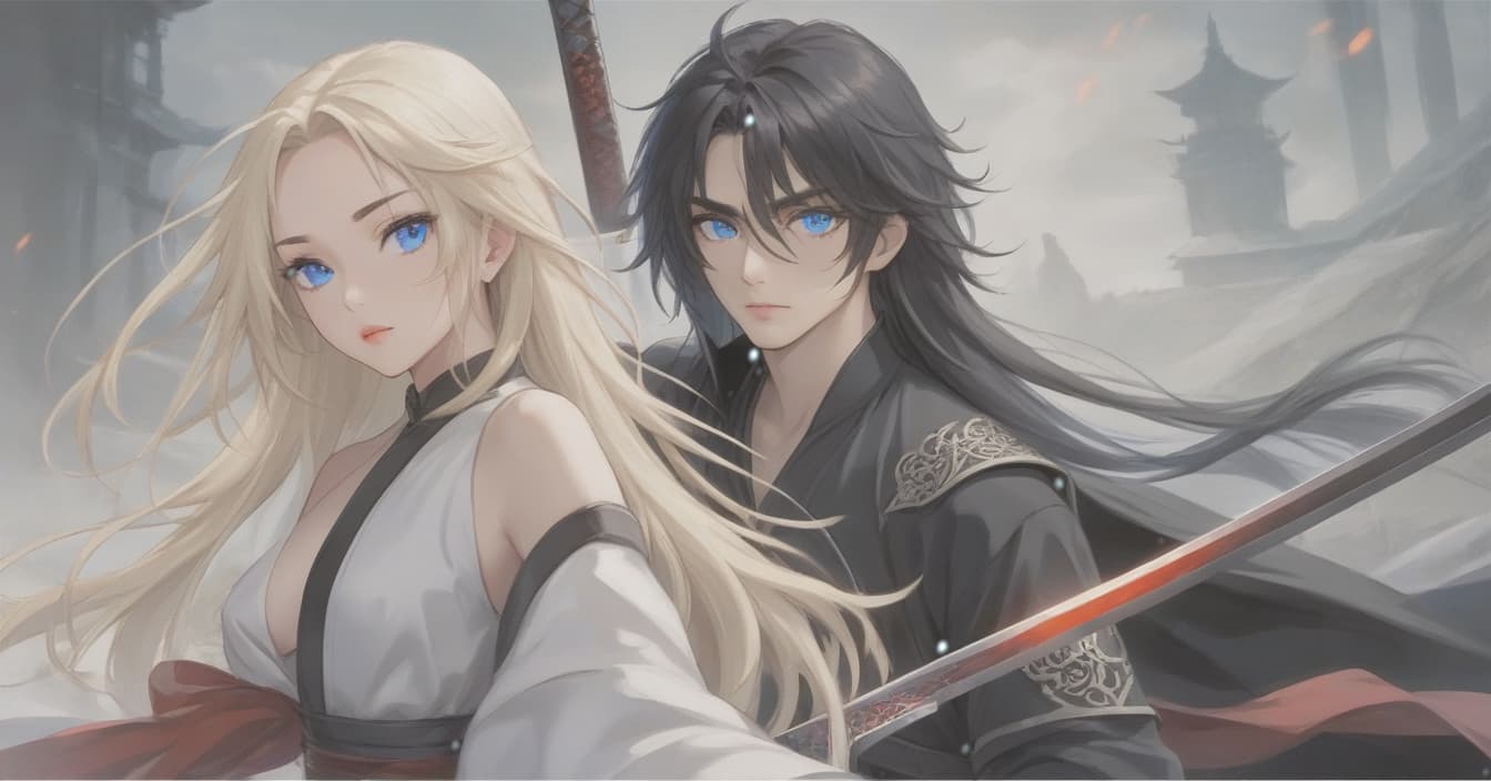  breathtaking realistic photo, two people, a character from the novel “system save yourself for the main hero”, lo binghe, a young man in black with an unassuming long sword behind his back. long black hair to the waist, red eyes, demonic mark on the forehead, next to him a girl blonde, blonde hair to the shoulder blades, european type of face, light skin, blue eyes, plump lips, a small tummy at the bottom of the waist, . award winning, professional, highly detailed, hkmagic