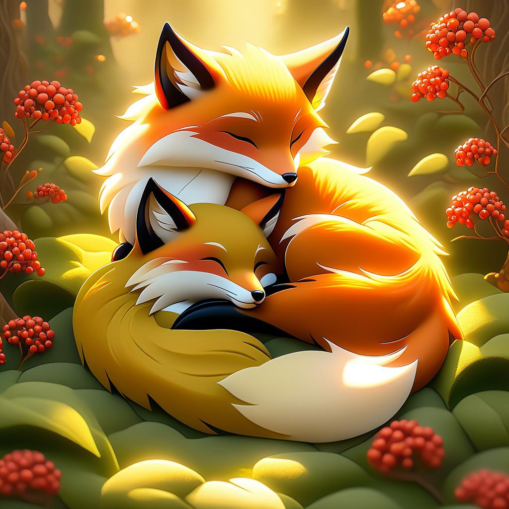  dreamscape (frame):gold round frame decorated with fancy oak leaves and rowan berries. (picture). animalism in fantasy style: little fox sleeping in the arms of big mum fox. appearance of a fox:sweetly sleeping curled up in a ball. (colours):orange, red, white, beige, gold, all shades of green, brown, brown gold. (style):animalism, fantasy, fairy tale, tenderness, kindness, calmness, cartoon . surreal, ethereal, dreamy, mysterious, fantasy, highly detailed, civitai, hkmagic hyperrealistic, full body, detailed clothing, highly detailed, cinematic lighting, stunningly beautiful, intricate, sharp focus, f/1. 8, 85mm, (centered image composition), (professionally color graded), ((bright soft diffused light)), volumetric fog, trending on instagram, trending on tumblr, HDR 4K, 8K