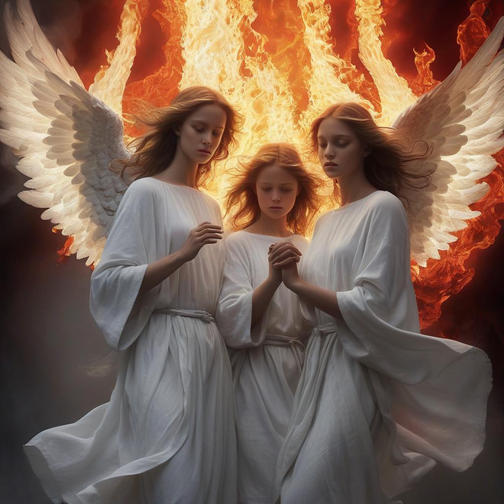  hyperrealistic art contrast: the contrast between the purity of white angels and the brightness of red orange fire. the whiteness of the angels stands out against a raging flame. atmosphere: create an atmosphere of greatness and sacredness as if angels came from heaven to pass through fire. their presence should cause awe and admiration. lights and shadows: the general light comes from the angels, softening the fire around them. shadows add depth and mystery, highlighting their unearthly origins. details: pay attention to small details, such as smoldering coals under the feet of angels, sparks soaring into the air, and light rays spilling through the wings. . extremely high resolution details, photographic, realism pushed to extreme, fine t