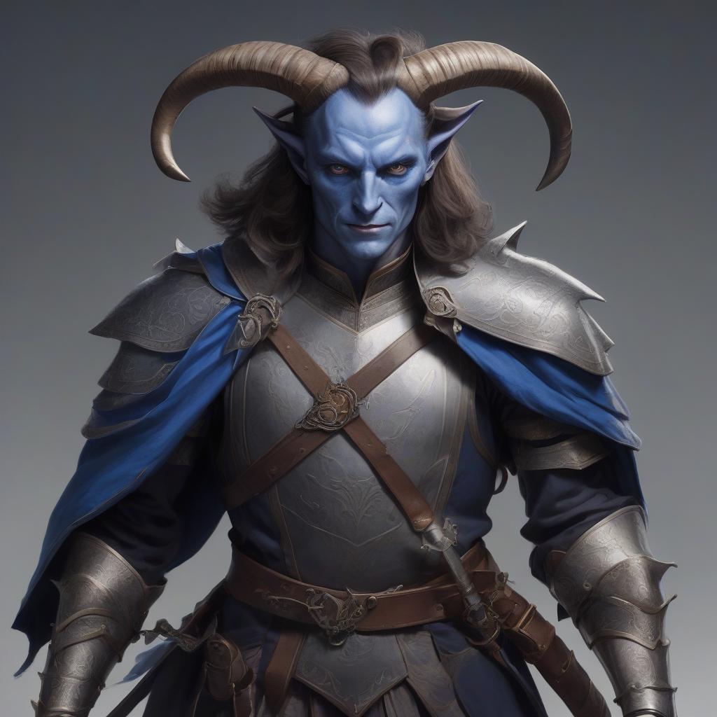  male teafling with gray skin and horns, brown hair, blue eyes, rapier in the hands