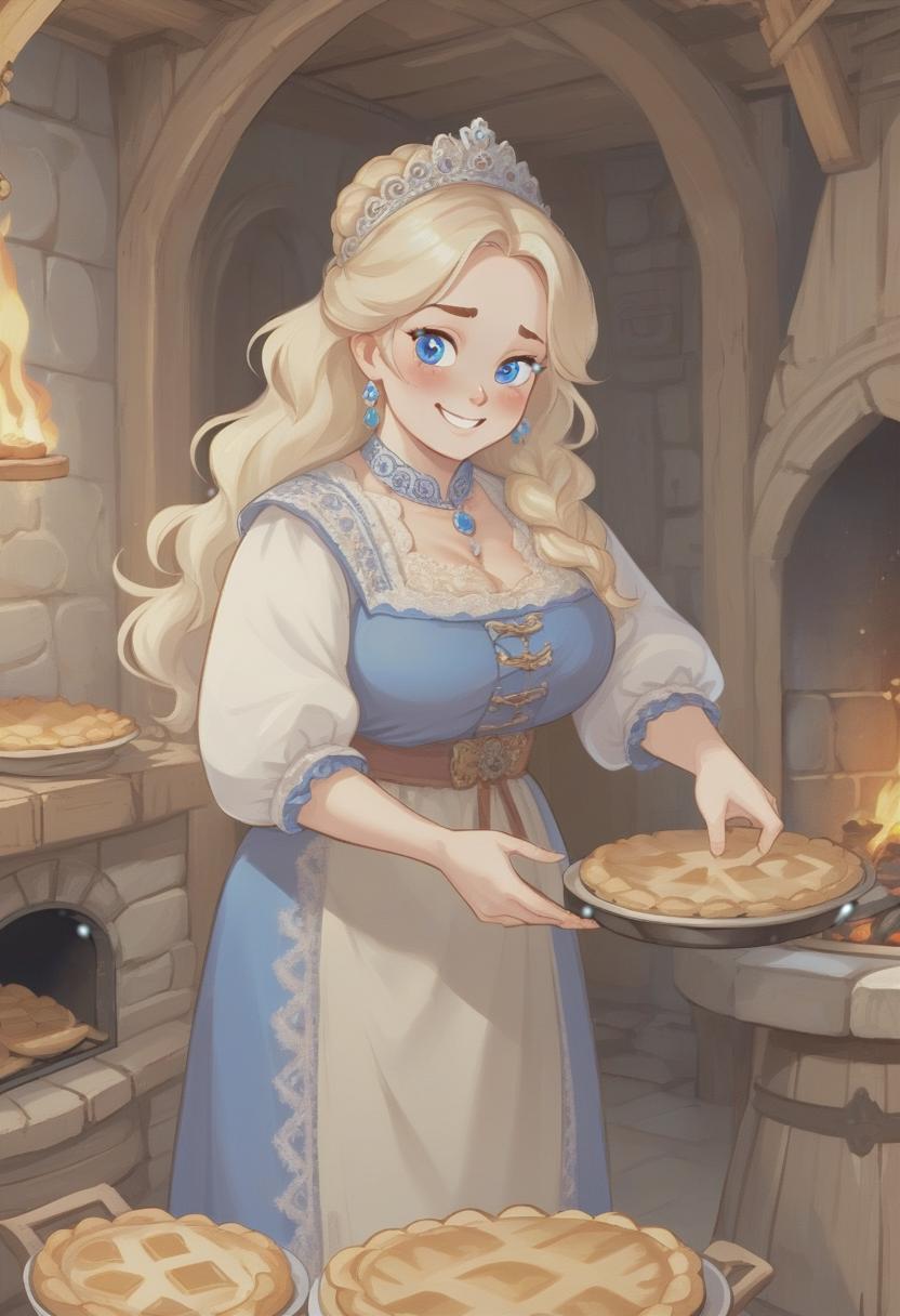  masterpiece, the best quality, a russian plump woman in traditional clothes takes pies from a stone stove.very light smile, tense, piercing eyes, blue eyes, flowing blond hair, dressed in a traditional russian outfit, cooks in the open air, inside a wooden castle, against the background of an ancient russian throne room in a wooden castle, cartoonish style, sweet,