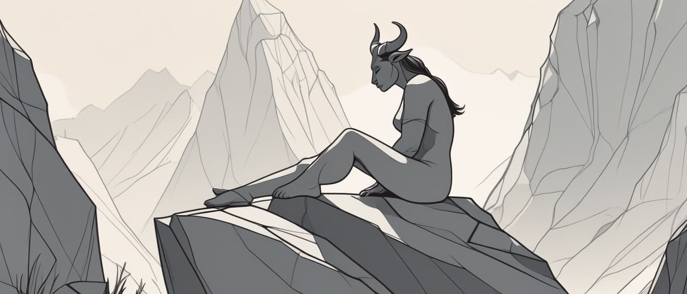  minimalism, draw a female minotaur sitting on the rock in the mountains, abstract, simple geometic shapes, hard edges, sleek contours, minimalism