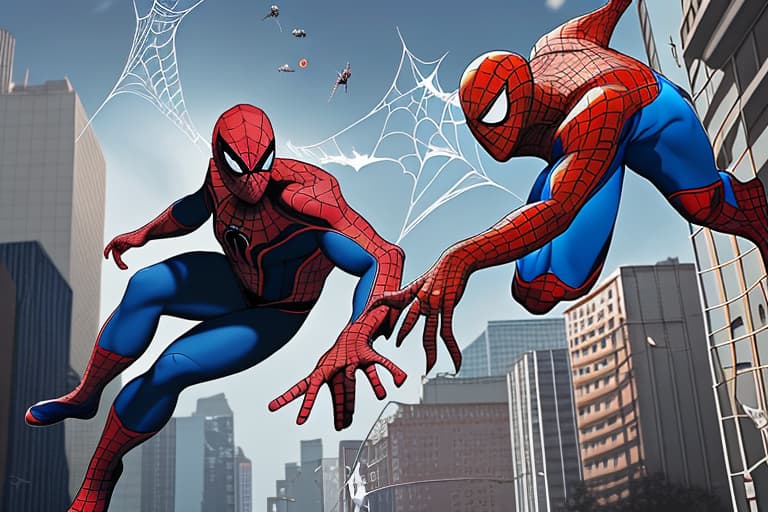  Image features a drawing of a group of people running away from spider man holding a web , as a fat man falls from the sky and lands on spider man , preventing him from attacking. A guy , in the background, looks surprised and amused by the situation. A speech bubble reads: "Oh, the fat man saves the day again!"