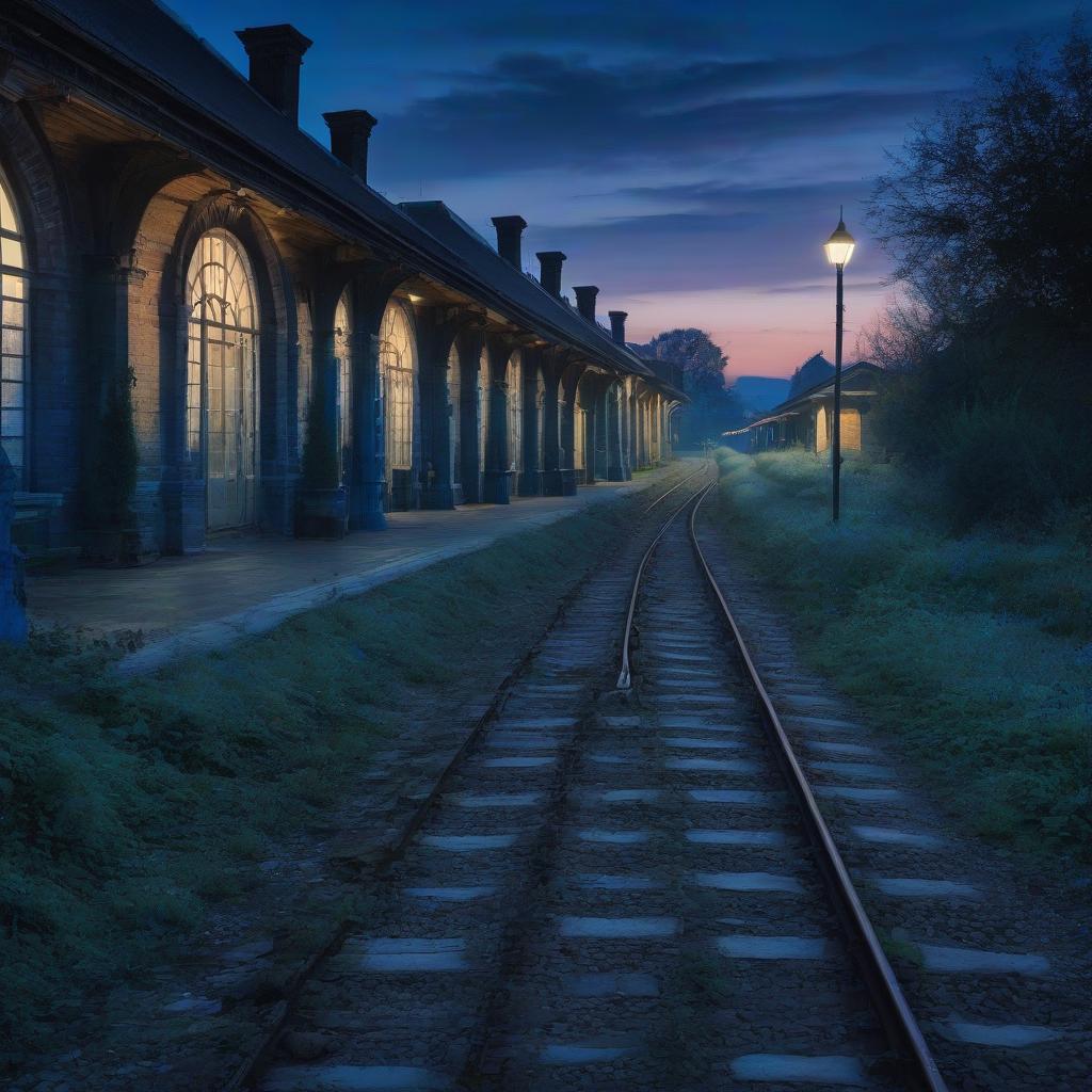  blue twilight at an ancient railroad station.