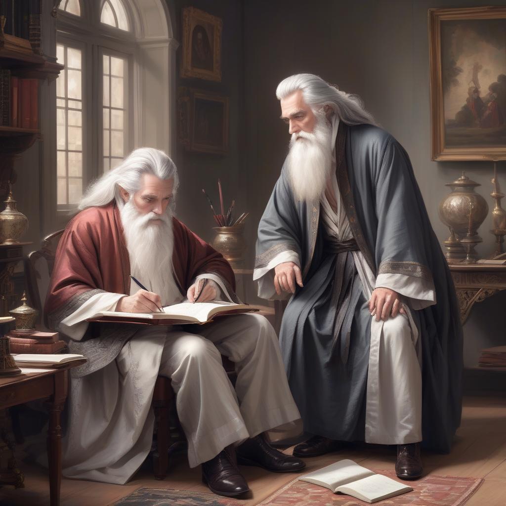  breathtaking a gray haired old man with a long white beard and long wide robes in a rich house teaches a young man with black tousled hair to read and write. aesthetics of the 18th century, . award winning, professional, highly detailed