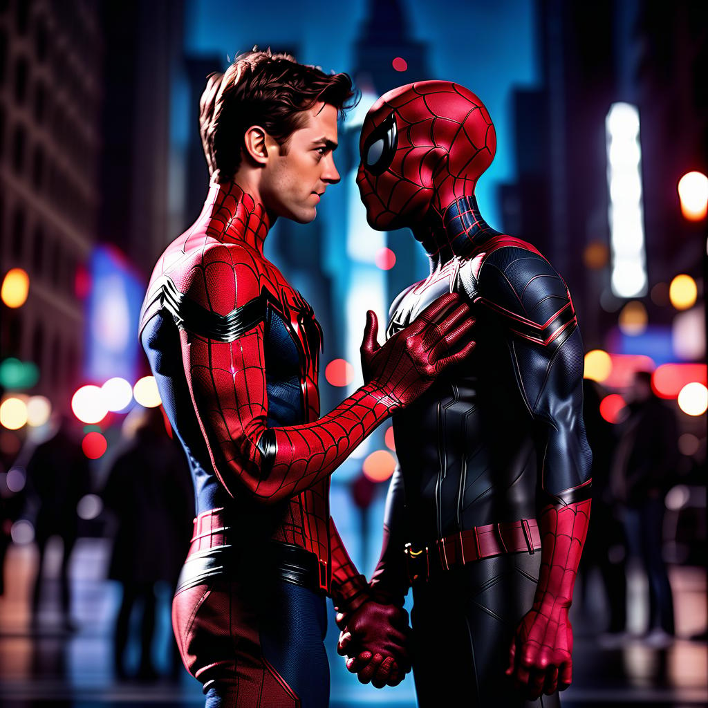  cinematic photo peter parker and wade wilson of marvel without costumes just people standing in front of the night new york and kissing holding hands . 35mm photograph, film, bokeh, professional, 4k, highly detailed