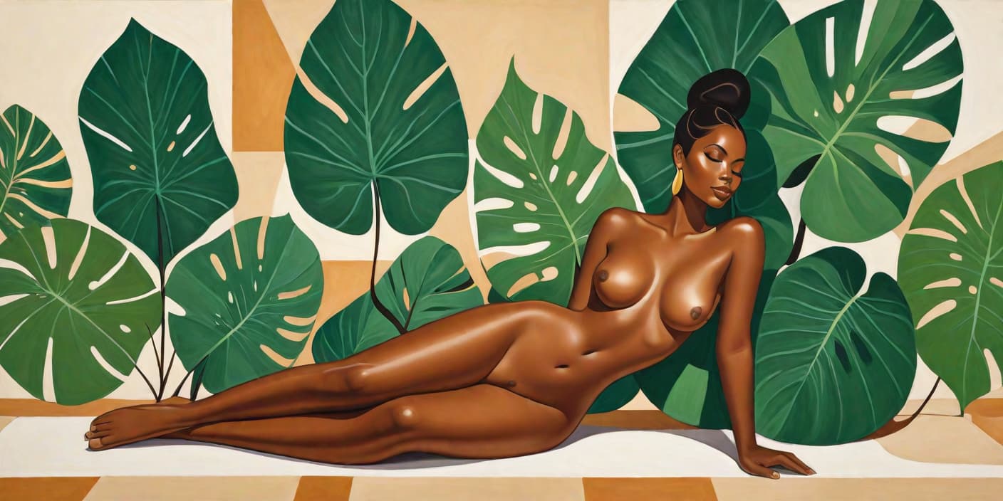  minimalism, painting of a beautiful black woman. she lays, surrounded elephant ear leaves. naked. she has brown legs. she has brown feet. she is in a divine pose., abstract, simple geometic shapes, hard edges, sleek contours, minimalism