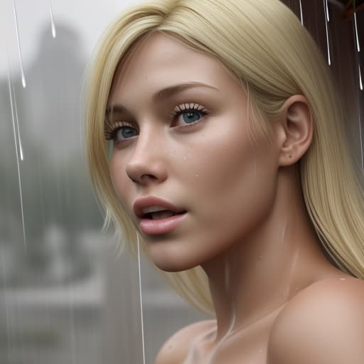  Blonde Woman in the rain with no shirt realistic 8k