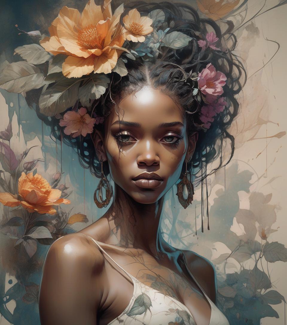  concept art beautiful african woman in a floral background, fine line drawing by harrison fisher and the talent of brian froud, complemented by the abstract depths of jeremy mann, the beauty of carne griffiths' faces, blending the fantastic muscular realism of boris vallejo, layered painting watercolor for striking effect and ultra fine, texture reminiscent of cracked parchment, natural lighting, perfect light natural volumetric cinematic soft, chiaroscuro, award winning photography, maximalist, masterpiece, deep complementary colors, extreme details, beautiful incredibly detailed and complex octane rendering, trending on artstation, dystopian, elemental, ethereal, fanciful, in the style of greg rutkowski . digital artwork, illustrative, pa