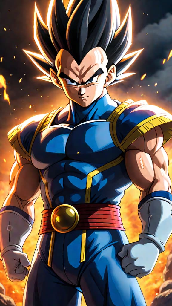  an anime art of vegeta from dragon ball as a god of destruction, contemplating challenges and responsibilities. hyperrealistic, full body, detailed clothing, highly detailed, cinematic lighting, stunningly beautiful, intricate, sharp focus, f/1. 8, 85mm, (centered image composition), (professionally color graded), ((bright soft diffused light)), volumetric fog, trending on instagram, trending on tumblr, HDR 4K, 8K