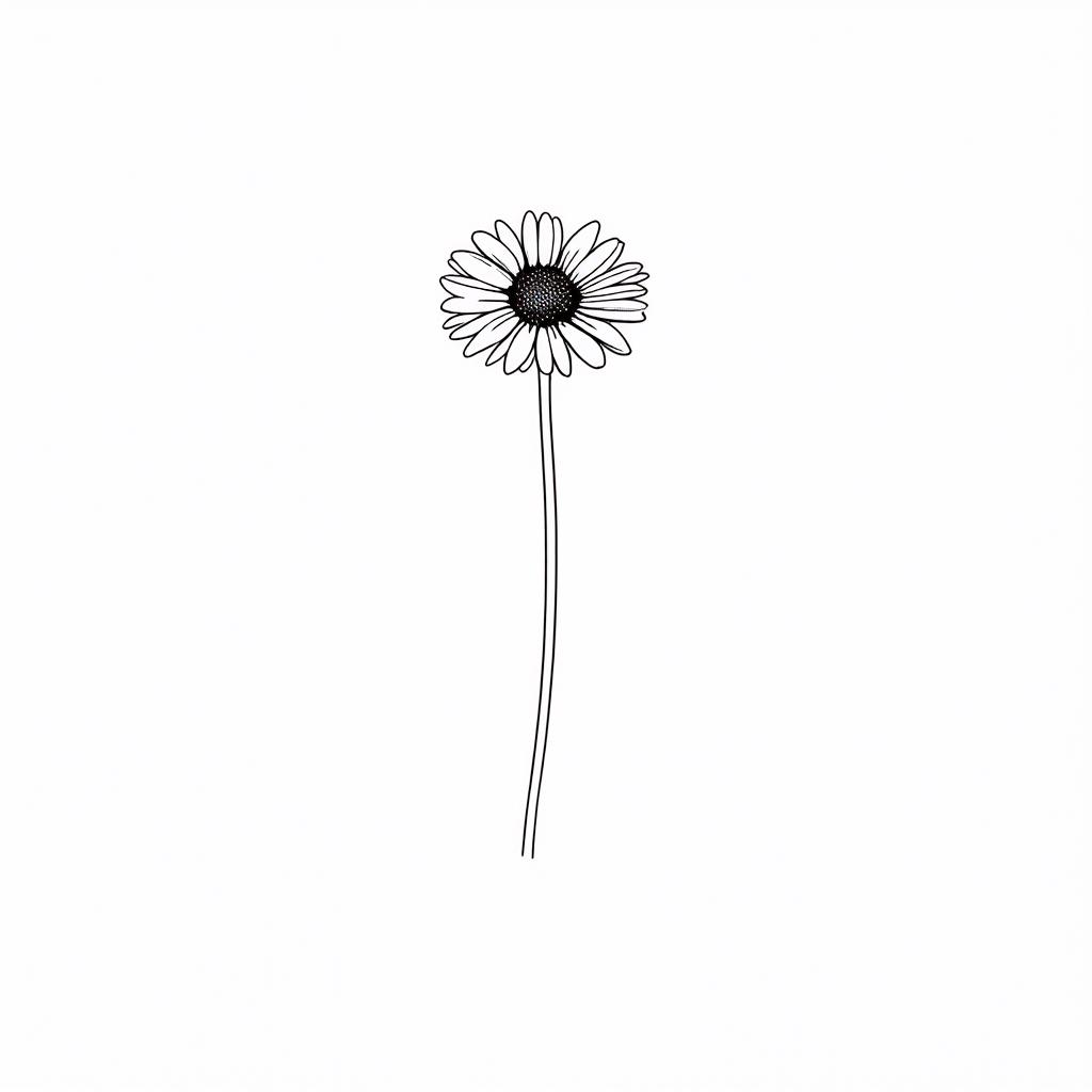  contour, very simple image in one unbroken black ink line, single line of stylized chamomile flower on a long thin stem, solid white background using a single continuous black line ink brushon white background, drawing should be created without lifting the pen, recognizable features of stylized chamomile flower on a long thin stem, solid white background in one unbroken line