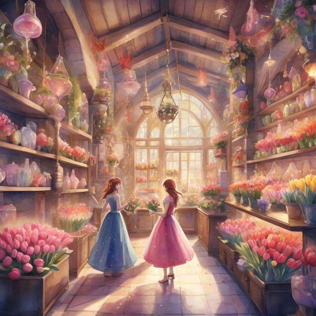  role playing game (rpg) style fantasy (watercolor: 1,4) (flower shop: 1,4)there are many different colors in vases on the shelves and on the floor. in the center there are many flowers holding hands in the image of people dancing a magic dance. (dressed in dresses made of rose petals and tulips: 1.4 ) the atmosphere of a wonderful fairy tale, holiday, magic. night, surrealism . detailed, vibrant, immersive, reminiscent of high fantasy rpg games