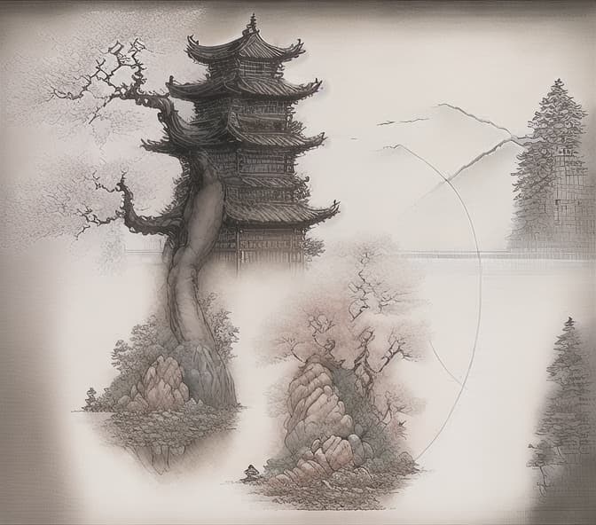  guofeng, chinese landscape painting, chinese architecture, cloud, vision, bridge, no human, mountain, trees, open sky,