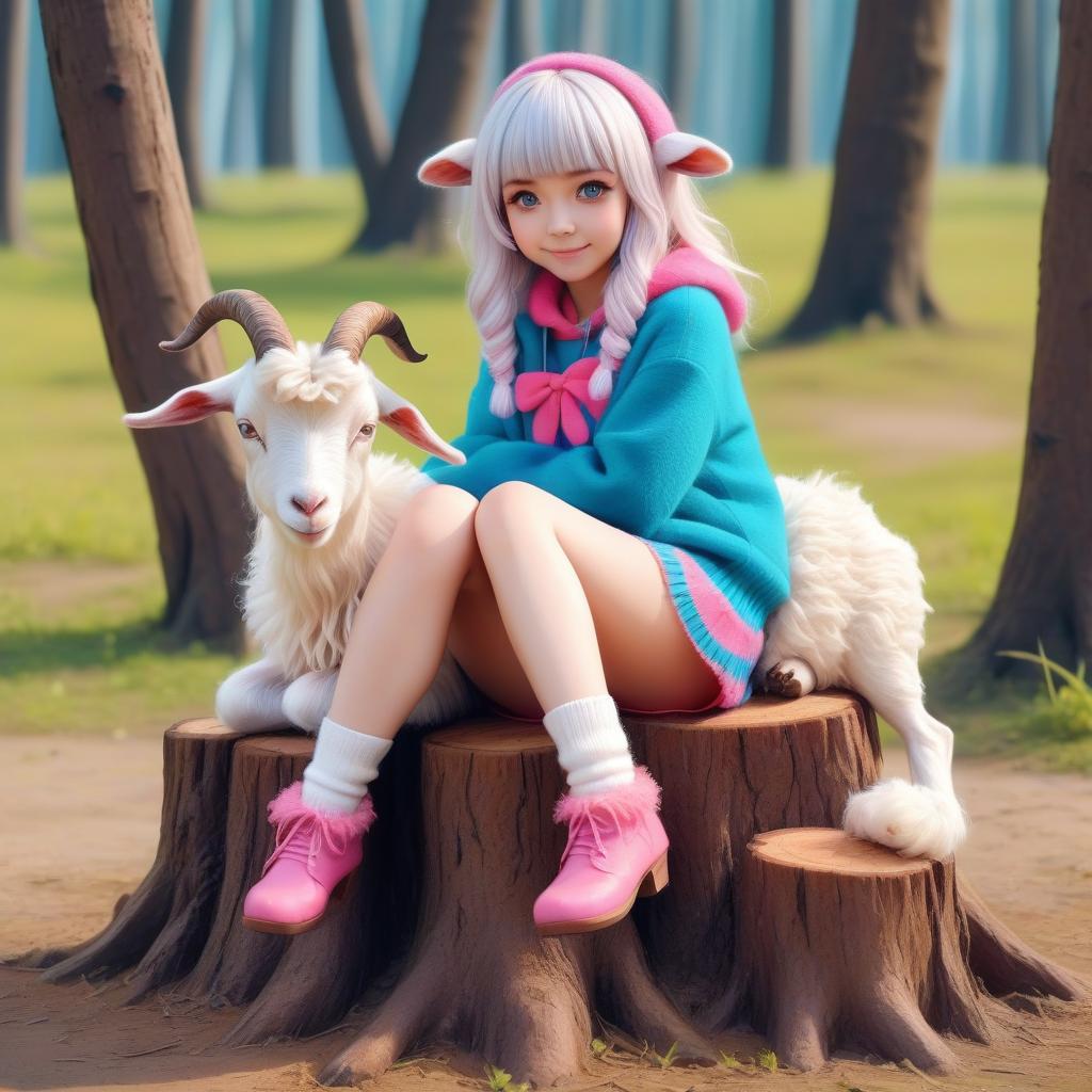  kawaii style the girl, her legs are goats, covered with wool hooves, sitting on a stump . cute, adorable, brightly colored, cheerful, anime influence, highly detailed