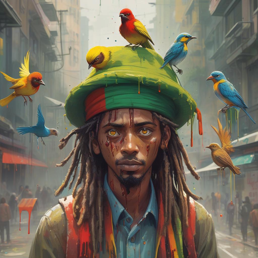  birds wearing a rasta hat ! large glossy eyes; speedpaint with large brush strokes by junji ito; robert oxley! ismail inceoglu; gazelli; m.w. kaluta; richard anderson; paint splatter; paint drips; drip painting; a masterpiece; 8k resolution; trending on art station; maximalist; uncanny; highly detailed and intricate