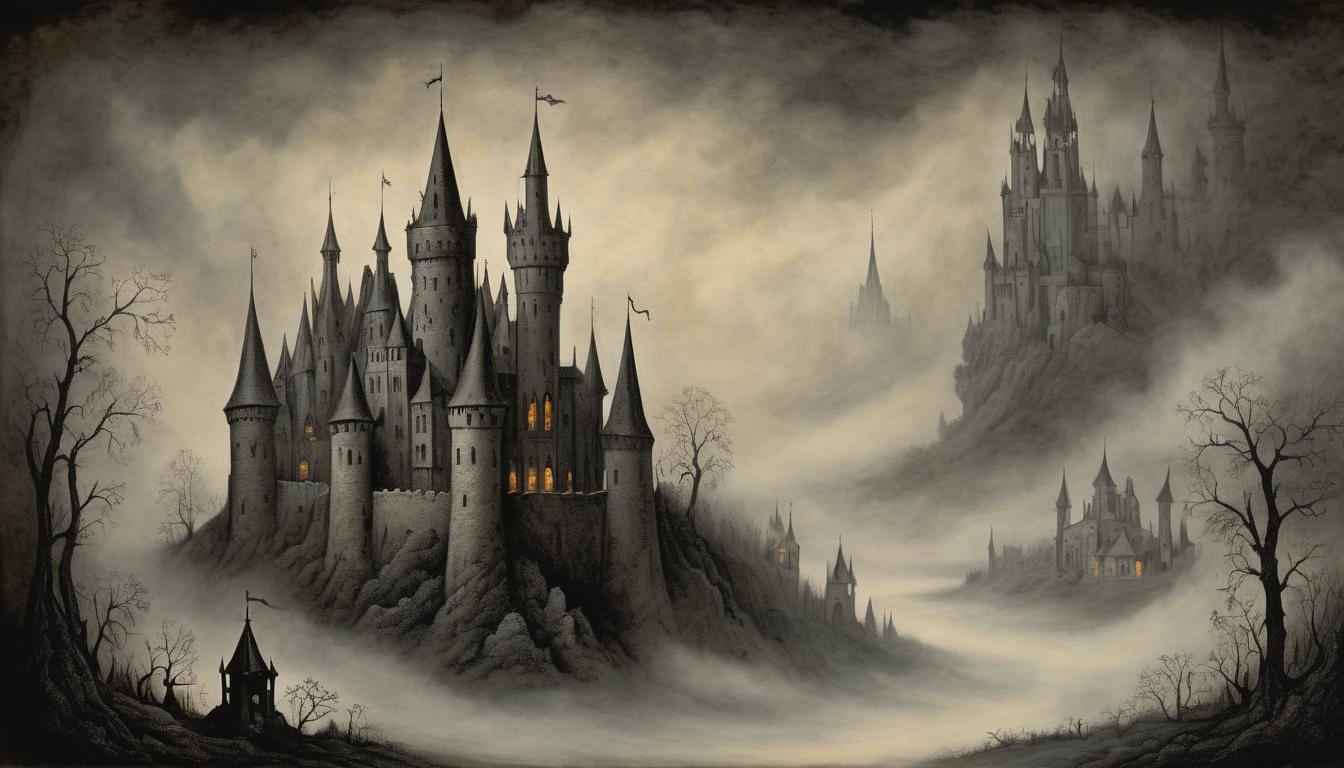  on parchment, surrealism++, gothic castle shrouded in mist, towering spires, dark walls, enigmatic, foreboding(mysterious, provocative, symbolic)++