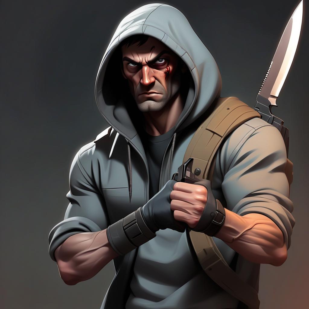  portrait, man, survivor, apocalypse, simple clothes, knife in hand, pistol in a hood on the leg, comic style