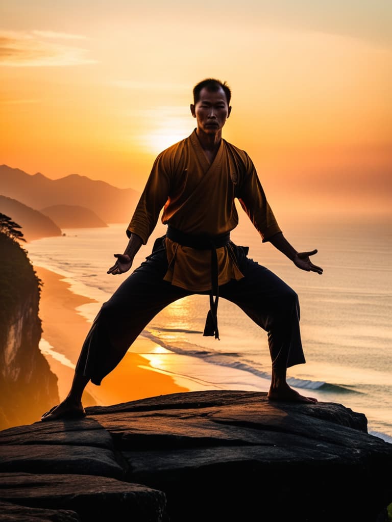  Close up of the silhouette of a man doing Thai Chi on a cliff overlooking the ocean with a sunrise in the background. RAW, realistic