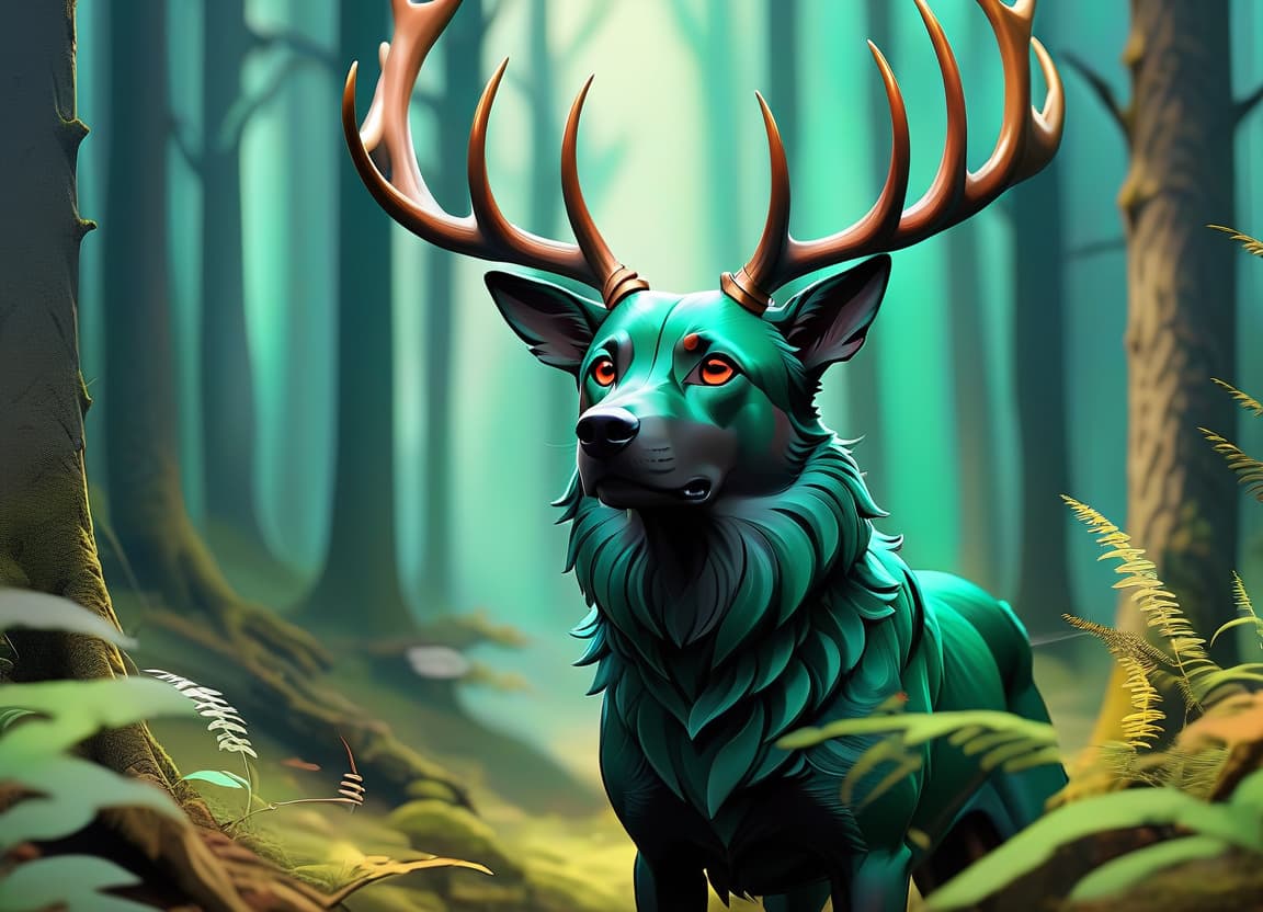  concept art animal, mythical animal, dog with full stag horns, forest, dog . digital artwork, illustrative, painterly, matte painting, highly detailed