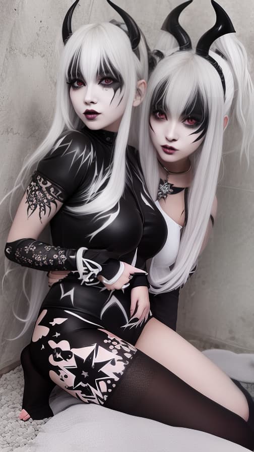  Black flame pattern body paint in every corner of the whole body, White body paint full body, Grey face paint on the face, two succubus sisters, full body image female