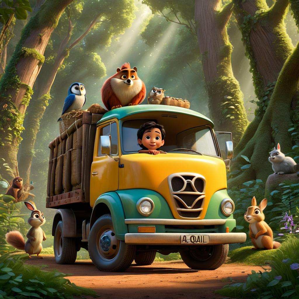  in 3d animated movie style. disney pixar style. aqil, a old , is curious, kind, and adventurous, clad in a simple shirt and shorts. with him are truck, a loyal and companion, and mababait na hayop, depicted as wise and caring. they embark on a journey encountering helpful animals like an owl, rabbit, and squirrel. created in a high resolution pixar 3d animated film style, the scene features detailed rendering with lifelike textures and vint colors. the forest setting is rich in greens and browns, ed in soft, warm lights, evoking a magical and welcoming atmosphere. captured from a low angle, the composition highlights the bond between aqil, truck, mababait na hayop, and the kind animals, emphasizing interaction and w