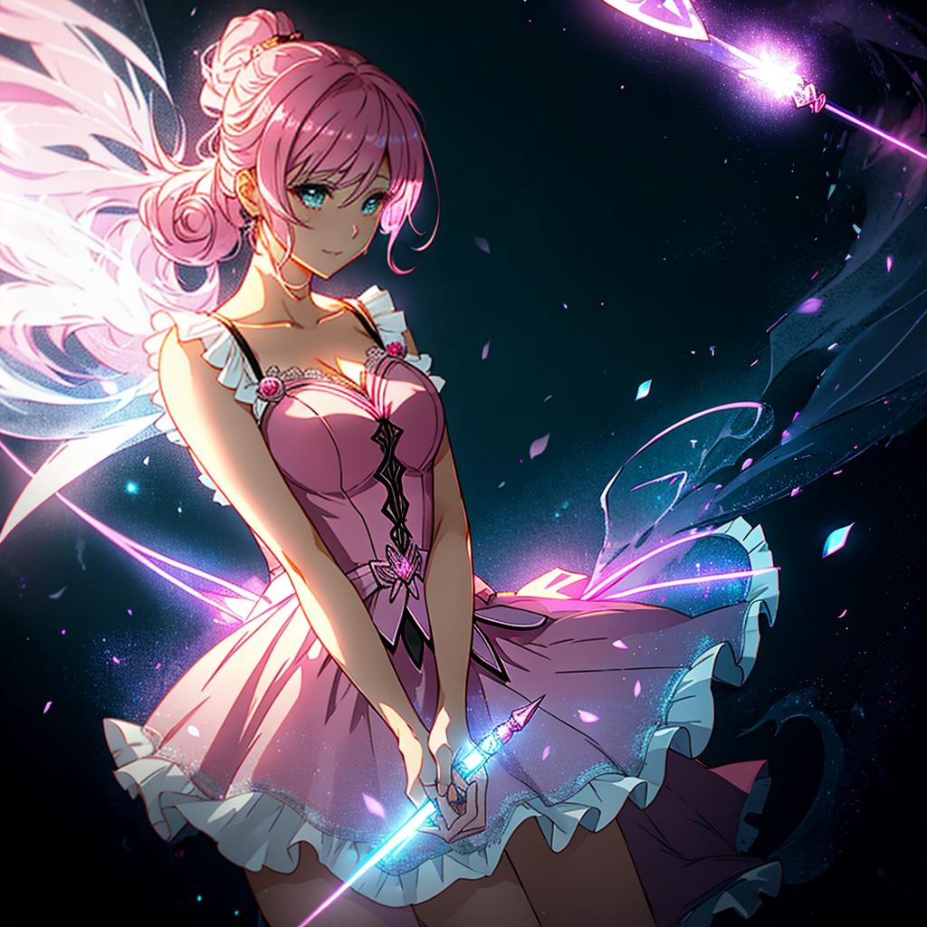  a magical girl with a wand and a pink dress, in the dark and atmospheric style of magica quartet and ume aoki, with detailed character designs and dramatic lighting. hyperrealistic, full body, detailed clothing, highly detailed, cinematic lighting, stunningly beautiful, intricate, sharp focus, f/1. 8, 85mm, (centered image composition), (professionally color graded), ((bright soft diffused light)), volumetric fog, trending on instagram, trending on tumblr, HDR 4K, 8K