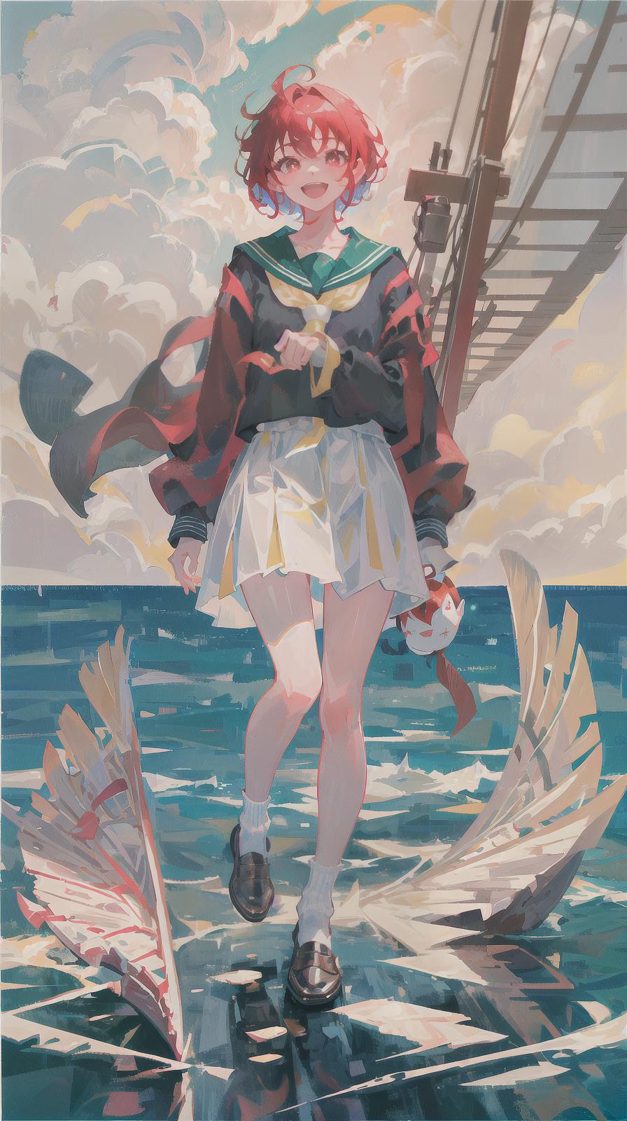  master piece , best quality,i am a girl. i have red hair. my hairstyle is asymmetrical. it's a short cut. i have a very cute face. i have big red eyes. i have prominent canine teeth. i am always smiling. i am wearing a sailor uniform. the background is the sea. it's a full body illustration. i am wearing loafers and socks. i have a very youthful face. i am short.