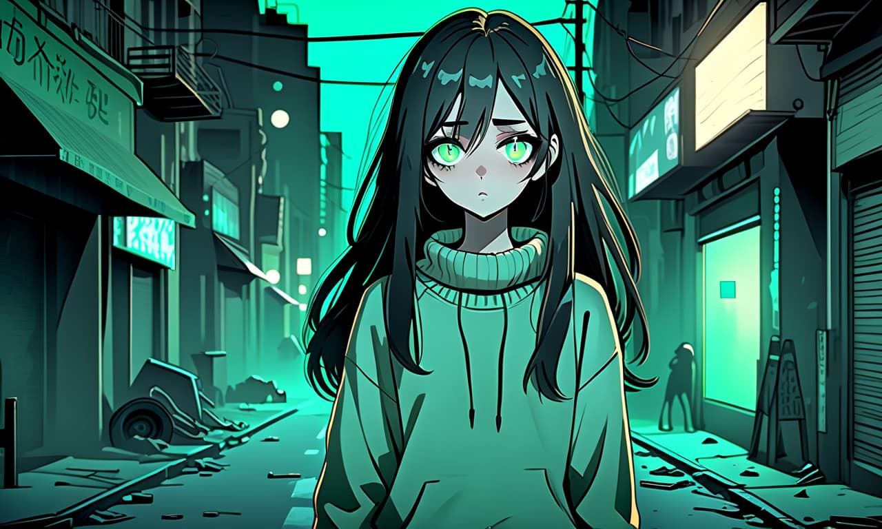  dystopian style a girl in anime style with long black hair stands on an empty and night street dressed in a sweater of warm pastel green color and pants. the girl looks into the darkness with black lower eyelids under the eyes full of fear of the unknown and curiosity, and the bright turquoise eyes themselves stand out against the background of everything. the image uses warm and bed tones . bleak, post apocalyptic, somber, dramatic, highly detailed