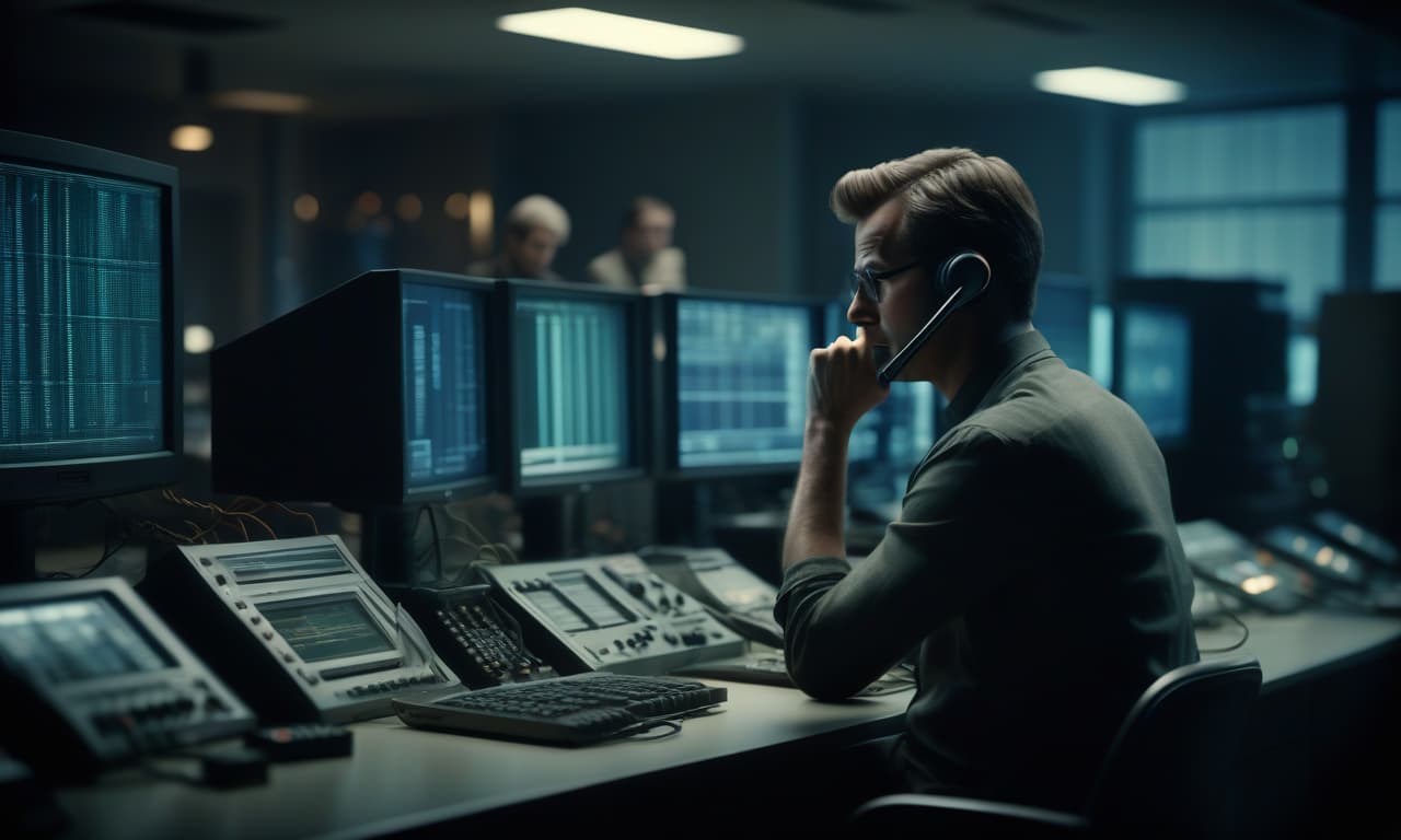  cinematic film still the specialist fixes the system unit, another in the background sits behind the monitors, the third talks to the client on the phone . shallow depth of field, vignette, highly detailed, high budget, bokeh, cinemascope, moody, epic, gorgeous, film grain, grainy