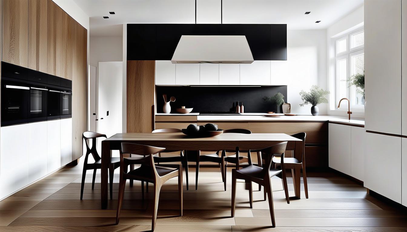  architectural style interior, kitchen, classics. white walls, table, floor oak, dark oak, house. photo. . clean lines, geometric shapes, minimalist, modern, architectural drawing, highly detailed