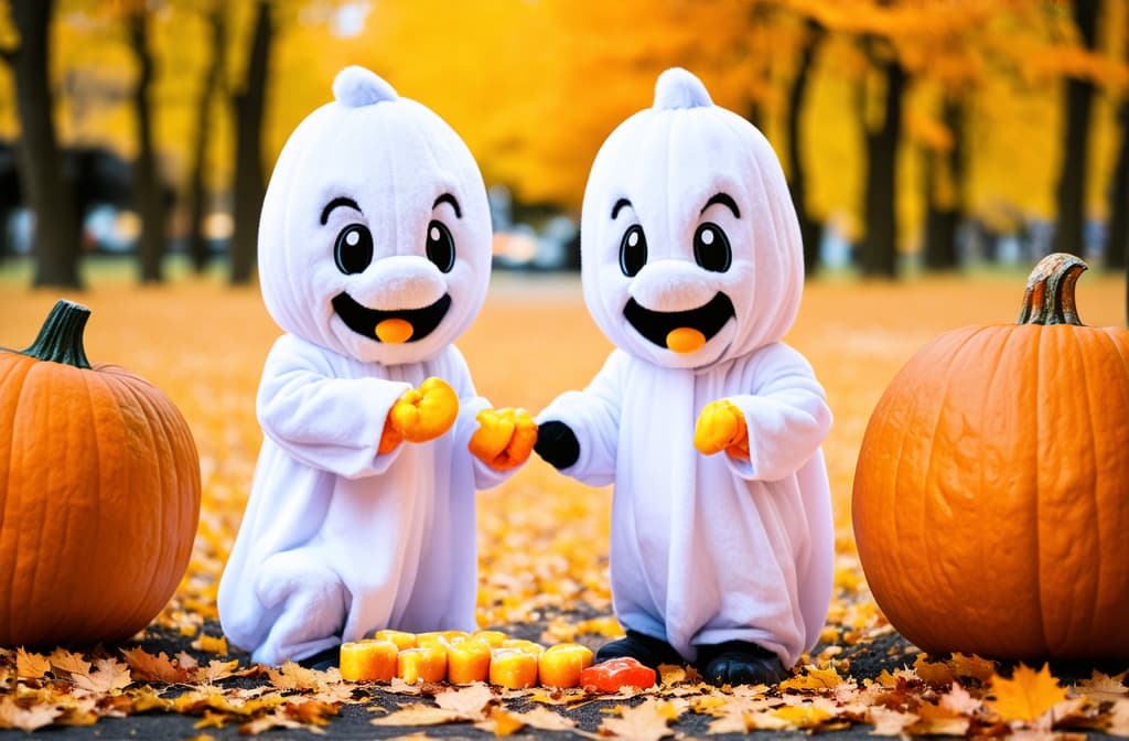  professional detailed photography, two cute ghost characters in costumes gather candy in a vibrant, autumn themed environment filled with pumpkins and fallen leaves ar 3:2, (muted colors, dim colors, soothing tones), (vsco:0.3)