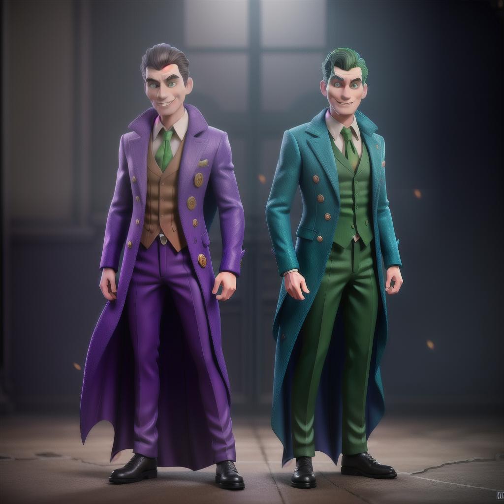  batman and the joker, colorful, détails hyperrealistic, full body, detailed clothing, highly detailed, cinematic lighting, stunningly beautiful, intricate, sharp focus, f/1. 8, 85mm, (centered image composition), (professionally color graded), ((bright soft diffused light)), volumetric fog, trending on instagram, trending on tumblr, HDR 4K, 8K